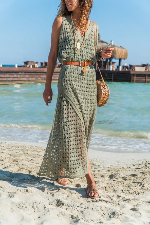 AJURLU V YAKA KRUVAZE ELBİSE - 2