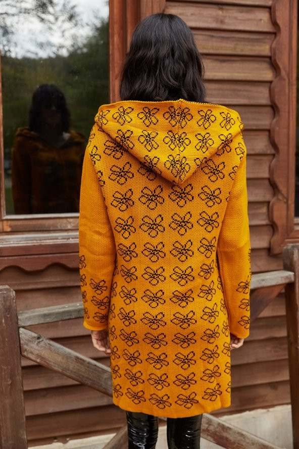 Kadın Çiçek Desenli Kapüşonlu Hardal Hırka - 5