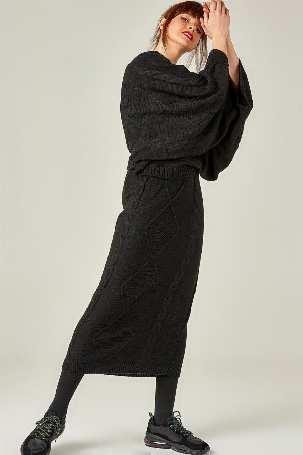 Kadın Yarasa Kol Kayık Yaka Siyah 2Li Takım - 3