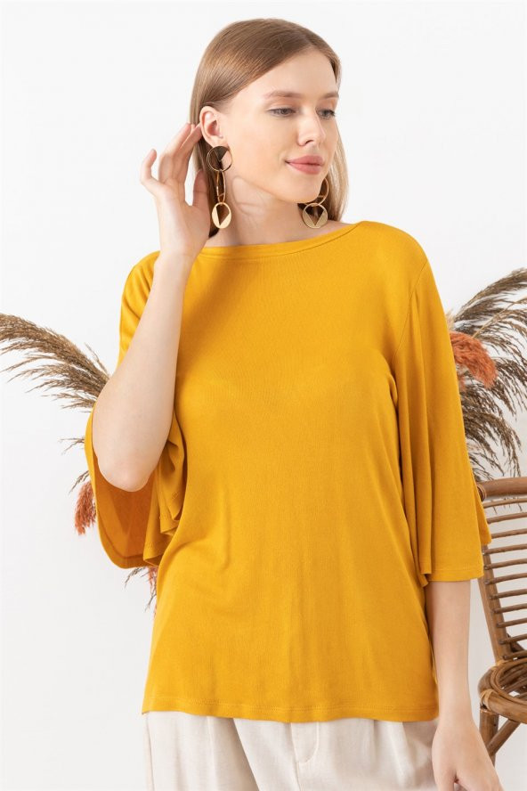 Kadın Hardal Kolu Volanlı Kayık Yaka Bluz - 2