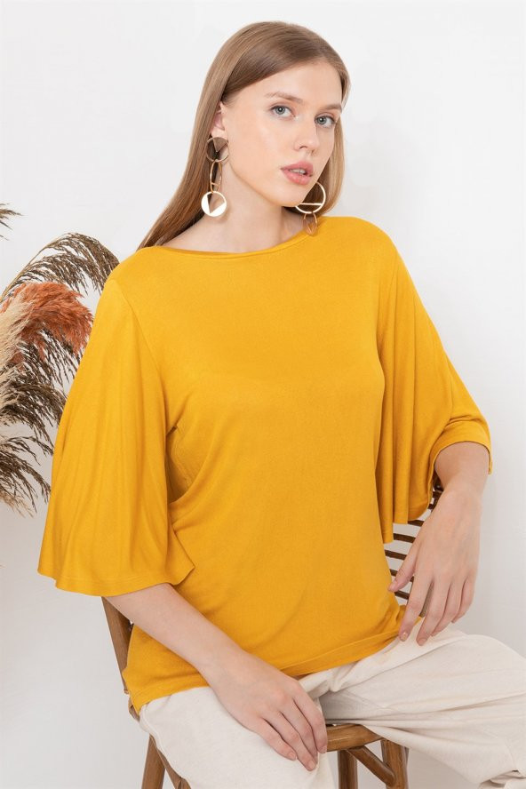 Kadın Hardal Kolu Volanlı Kayık Yaka Bluz - 3