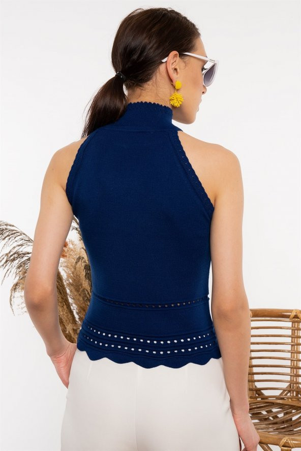 Kadın Yarım Balıkçı Saks Mavisi Bluz - 3