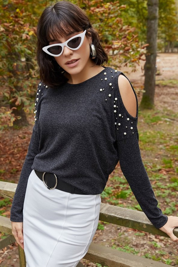 OMZU PENCERELİ İNCİLİ BLUZ - 2