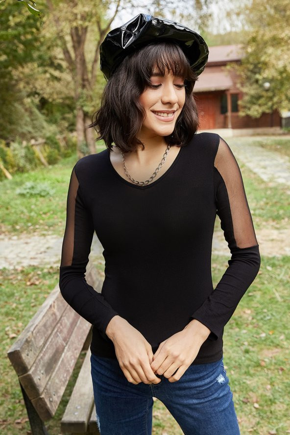 KOLU TÜL DETAYLI V YAKA BLUZ - 2