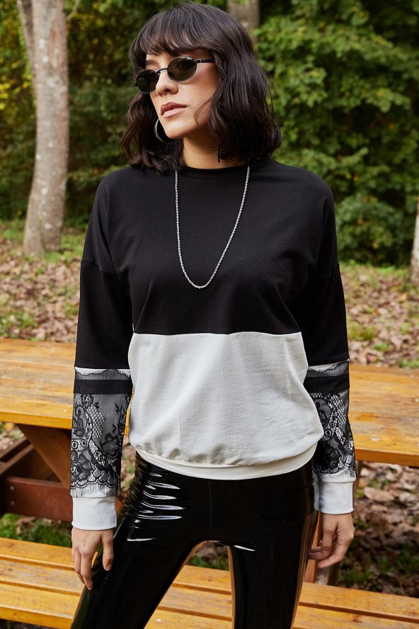 KOL UCU TÜL DETAYLI ÇİFT RENK BLUZ - 3