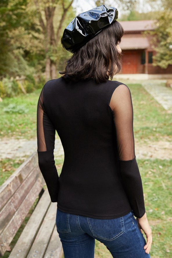 KOLU TÜL DETAYLI V YAKA BLUZ - 3