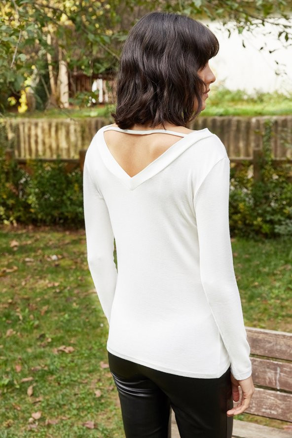 DANTEL DETAYLI V YAKA BLUZ - 5