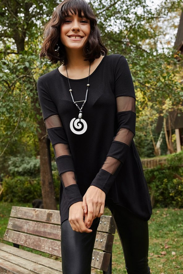 KOLU TÜL DETAY YUVARLAK YAKA BLUZ - 4