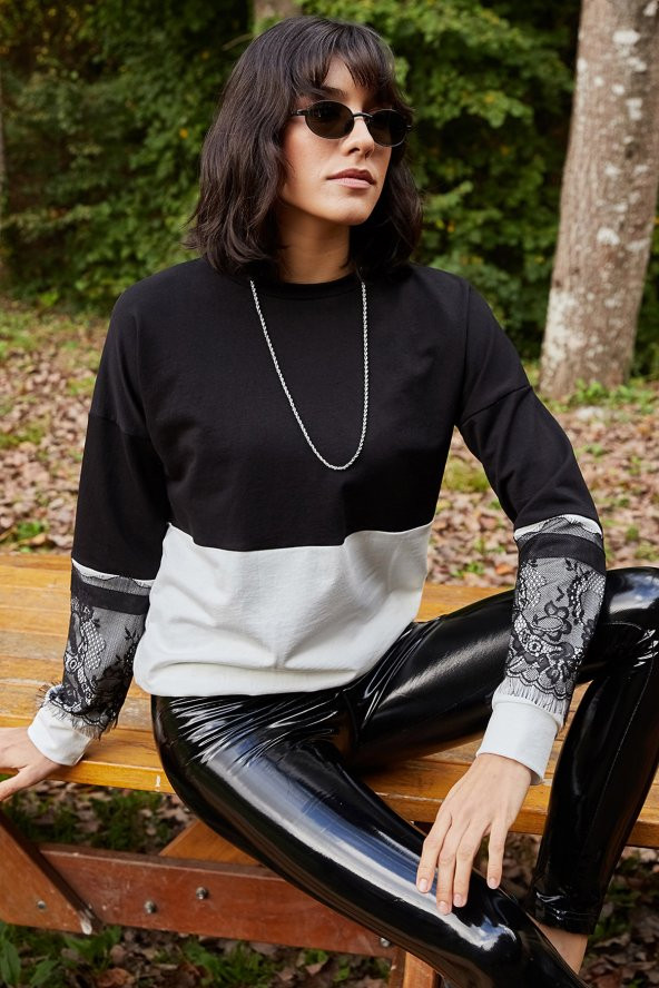 KOL UCU TÜL DETAYLI ÇİFT RENK BLUZ - 4