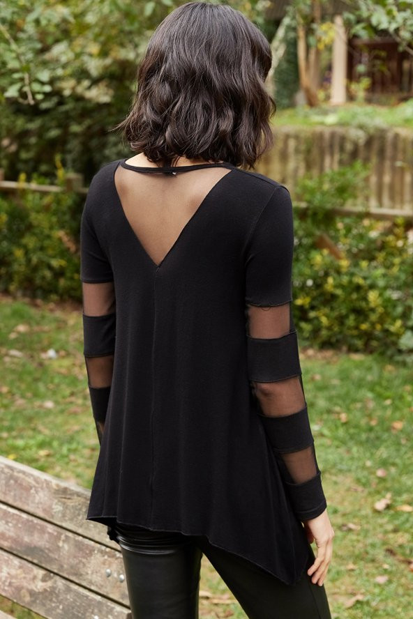 KOLU TÜL DETAY YUVARLAK YAKA BLUZ - 5