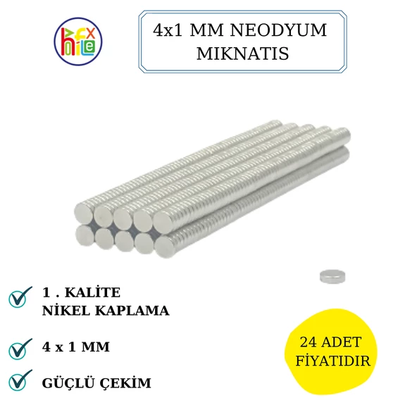 NEODYUM MIKNATIS NİKEL KAPLAMA 4 MM X 1 MM  24 ADET FİYATIDIR