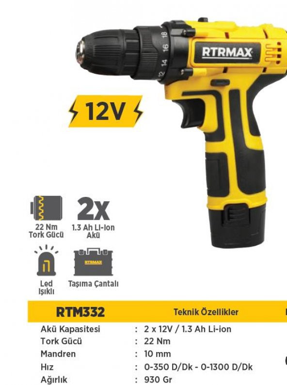 Rtrmax Rtm332 Akülü Vidalama Şarjlı Matkap 12V 1,3Ah 2 Akülü - 3