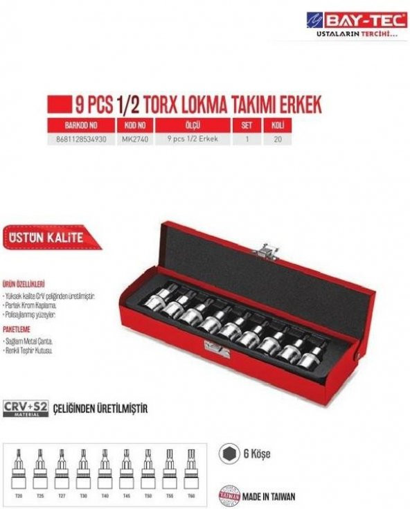 Bay-Tec 9 Adet 1/2 Torx Lokma Takımı Seti (Erkek) MK2740 - 2