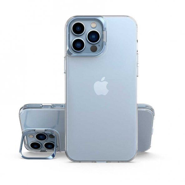 iPhone 13 Pro Kılıf Renkli Kamera Lens Stand Olan Lüx Şeffaf Kapak