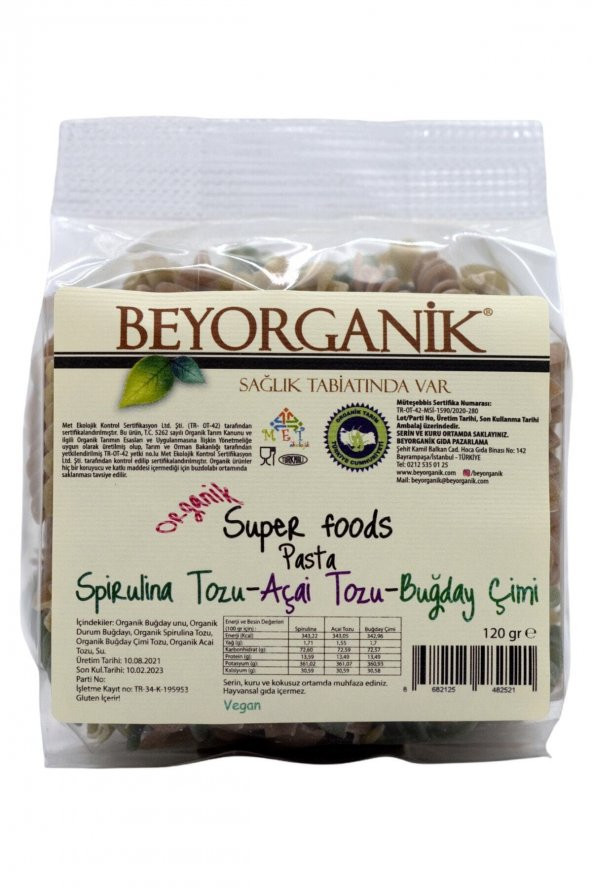 Beyorganik Organik Super Foods Pasta- Spirulina Tozu, Açai Tozu, Buğday Çimi