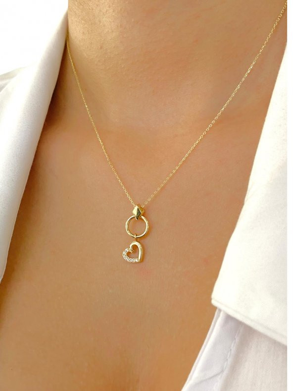 14 Ayar Altın Sallantılı Kalp Çok Şık Kolye - Resim 2