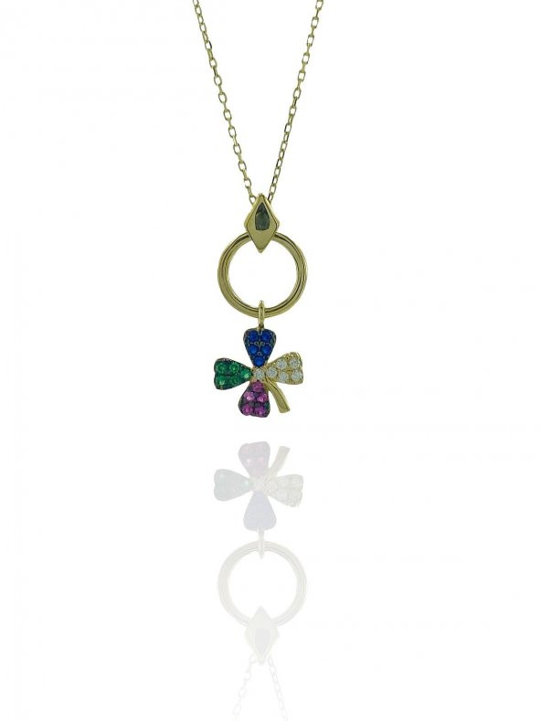 14 Ayar Altın Sallantılı Renkli Dört Yaprak Yonca Kolye - Resim 3
