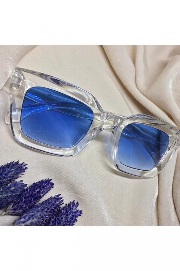 Cat Eye Kristal Şeffaf Kadın Güneş Gözlüğü  Mavi Cam
