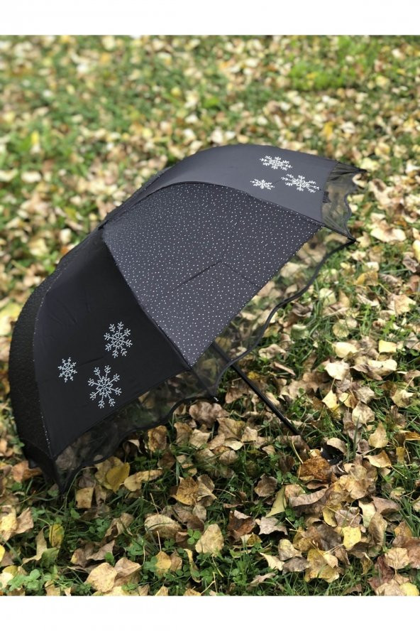 Marlux Rüzgara DayanıklıKar Tanesi Desenli Puantiye Detaylı Siyah Kadın Şemsiye