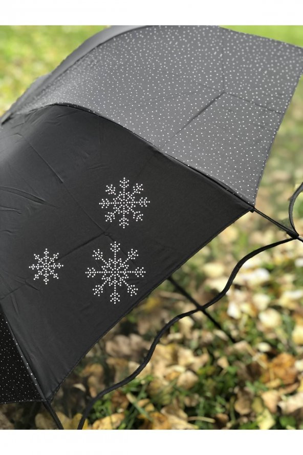 Marlux Rüzgara DayanıklıKar Tanesi Desenli Puantiye Detaylı Siyah Kadın Şemsiye - 3