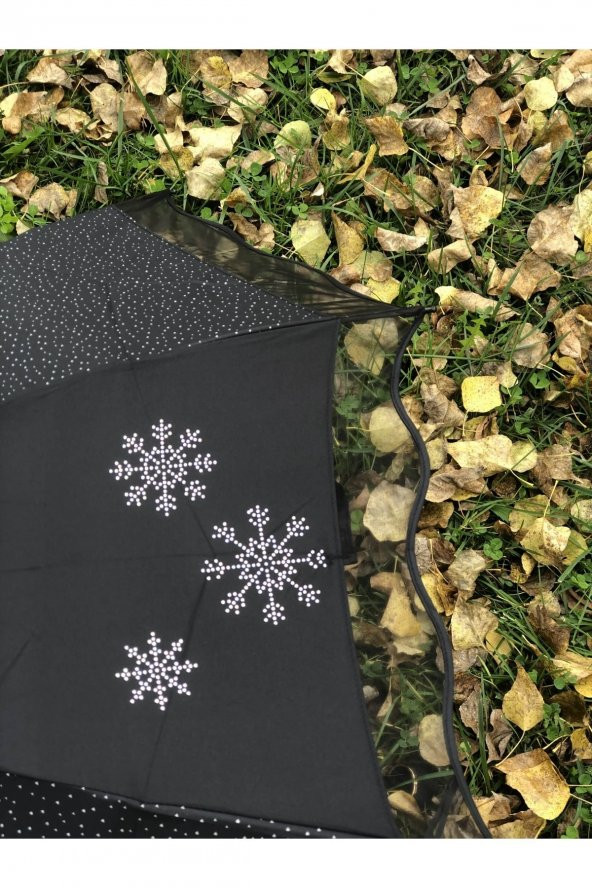 Marlux Rüzgara DayanıklıKar Tanesi Desenli Puantiye Detaylı Siyah Kadın Şemsiye - 4
