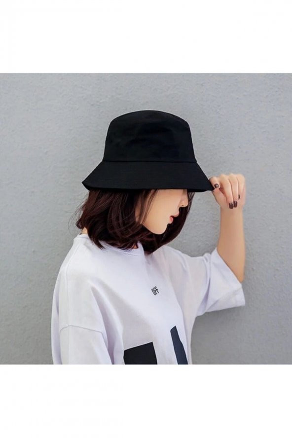 Düz Siyah Kova Şapka Balıkçı Şapka Bucket Hat - 3