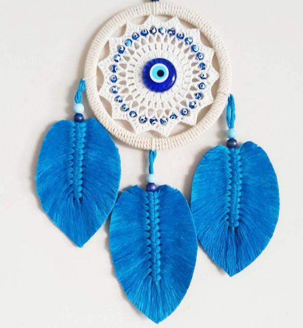 Mavi Yapraklı Nazar Boncuklu Makrome Duvar Dekoru - Resim 2