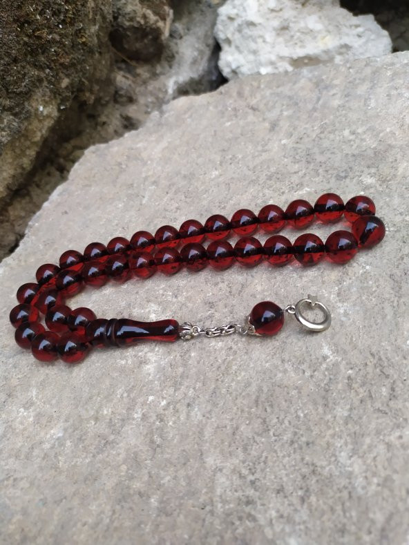 Kırmızı Renk Küre Model  Toz Kehribar Tesbih