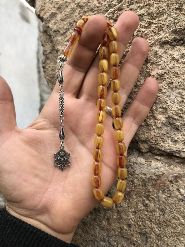 Hareli Sarı Renk İran Bağası Toz Kehribar Tesbih