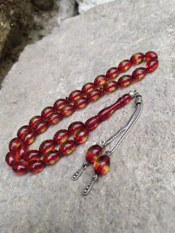 Sürmeli Model Beyzi Kesim Kırmızı Tonda Toz Kehribar Tesbih