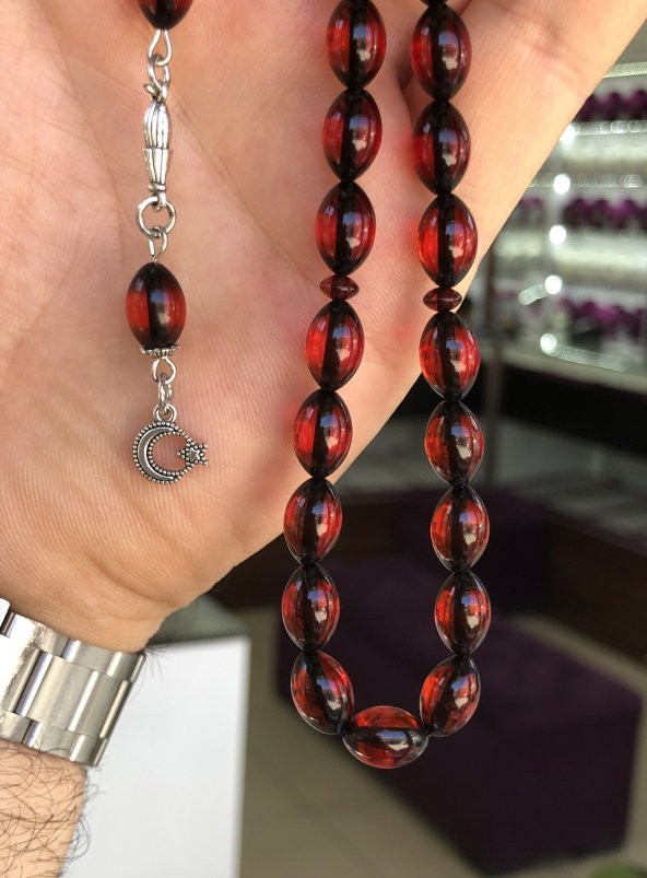 Kırmızı Tonda Erkek Sürmeli Toz Kehribar Tesbih