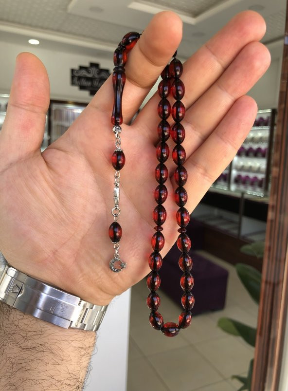 Kırmızı Tonda Erkek Sürmeli Toz Kehribar Tesbih - 2