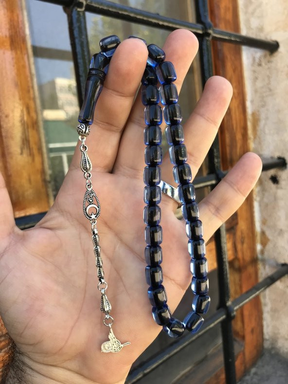 Mavi Şeffaf Tonda Kapsül Kesim Toz Kehribar Tesbih - 2