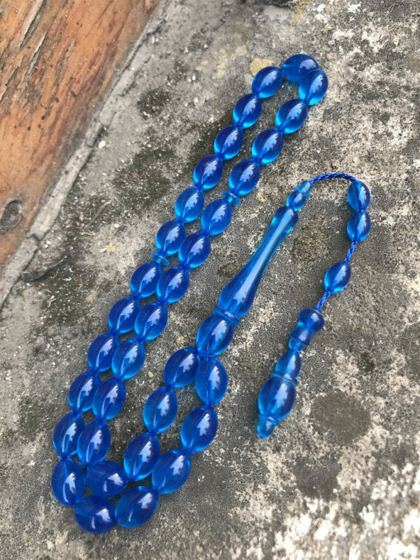 Şeffaf Mavi Tonda Sistem Püsküllü Toz Kehribar Tespih - 2