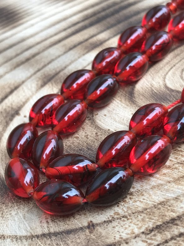 Hareli Kırmızı Dumanlı Tonda Toz Kehribar Tesbih