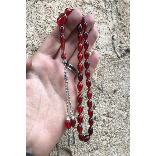 Kırmızı Tonda Yoğun Hareli Toz Kehribar Tesbih - 2