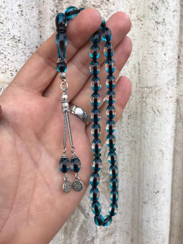 Sürmeli Model Mavi Renk Beyzi Kesim Toz Kehribar Tesbih