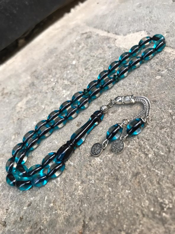 Sürmeli Model Mavi Renk Beyzi Kesim Toz Kehribar Tesbih - 2