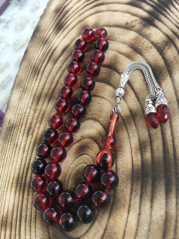 Kırmızı Renk Küre Model Çift Püsküllü Toz Kehribar Tesbih - 2