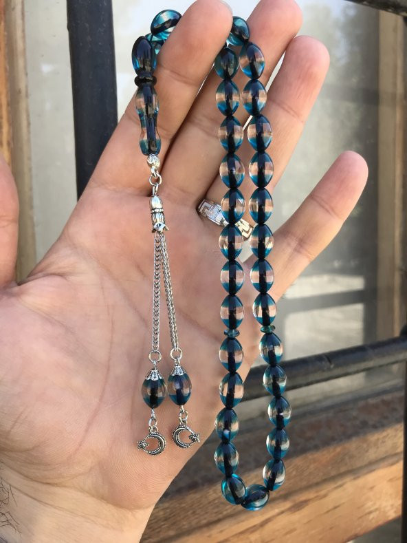 Mavi Renk Sürmeli Model  Beyzi Kesim Toz Kehribar Tesbih