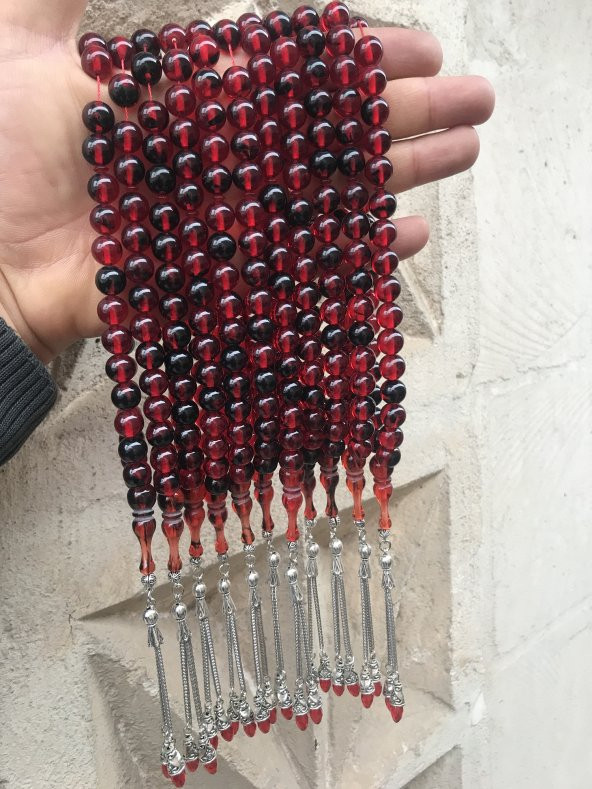 Kırmızı Renk Küre Model Çift Püsküllü Toz Kehribar Tesbih - 3