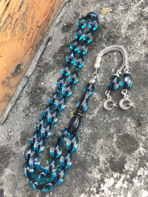 Mavi Renk Sürmeli Model  Beyzi Kesim Toz Kehribar Tesbih - 2