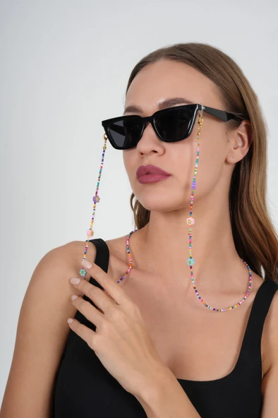 Fimo Çiçekli Kum Boncuk Gözlük Zinciri - Kolye - Bileklik - 5