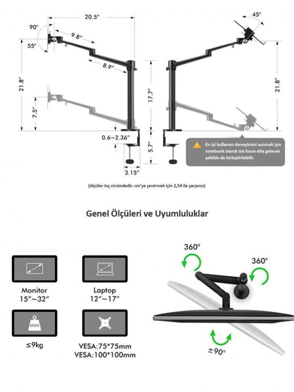 NPO STD7093 10"-27" Notebook Stand ve Vesa Monitör Tutucu Çift Kol - 7