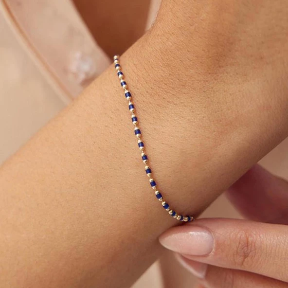 Lacivert Mineli Kolye Bileklik Altın Set - Resim 4