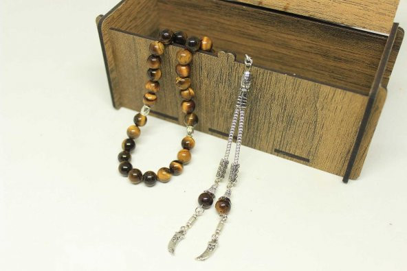 Kaplan Gözü Taşı Tesbih 8mm Ahşap Kutulu - Resim 3