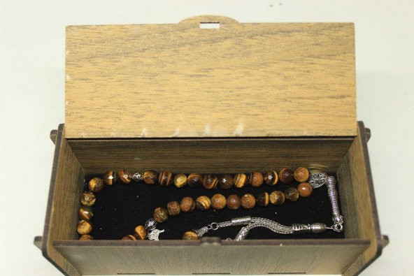 Kaplan Gözü Taşı Tesbih Faset Kesim 8mm Ahşap Kutulu - Resim 3