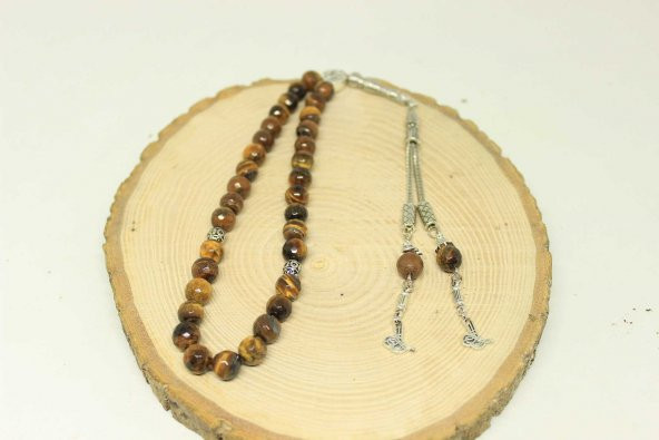 Kaplan Gözü Taşı Tesbih Faset Kesim 8mm Ahşap Kutulu - Resim 4