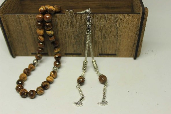 Kaplan Gözü Taşı Tesbih Faset Kesim 8mm Ahşap Kutulu - Resim 5