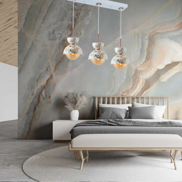 TT Aydınlatma TT007-3S MBY  Mermer Desen 3 lü Sıralı Beyaz Lüks Av - Resim 2